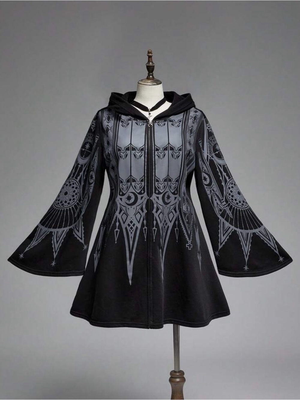 SHEIN Black & Gray Hooded Zip-Up Flared Bell Sleeve Graphic Sweatshirt